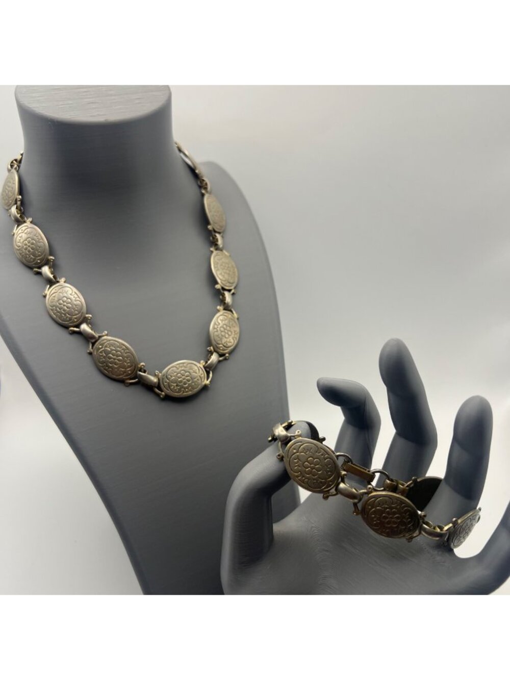 Vintage Concho Style Floral Link Necklace Bracelet Set Silver Tone Boho